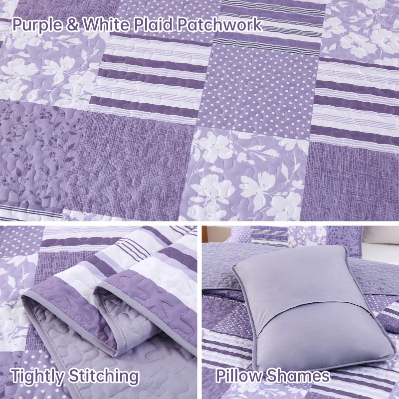 Drucon Quilt Set King Size, Purple Patchwork Pattern Spring Summer Bedspread Bedding Set, 3 Pieces Soft Chic Plaid Coverlet with 2 Pillow Shams for All Season 104x90 Inch - Image 5