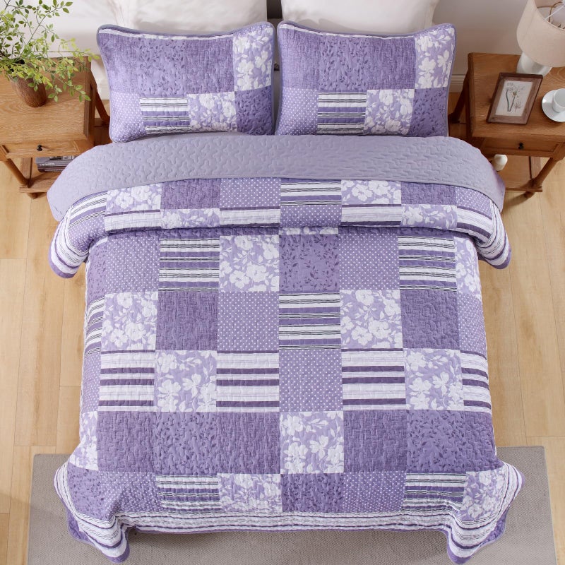 Drucon Quilt Set King Size, Purple Patchwork Pattern Spring Summer Bedspread Bedding Set, 3 Pieces Soft Chic Plaid Coverlet with 2 Pillow Shams for All Season 104x90 Inch - Image 3