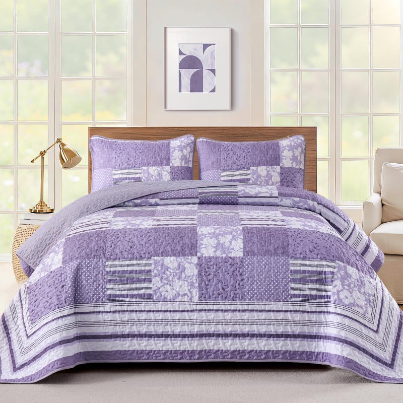 Drucon Quilt Set King Size, Purple Patchwork Pattern Spring Summer Bedspread Bedding Set, 3 Pieces Soft Chic Plaid Coverlet with 2 Pillow Shams for All Season 104x90 Inch - Image 1