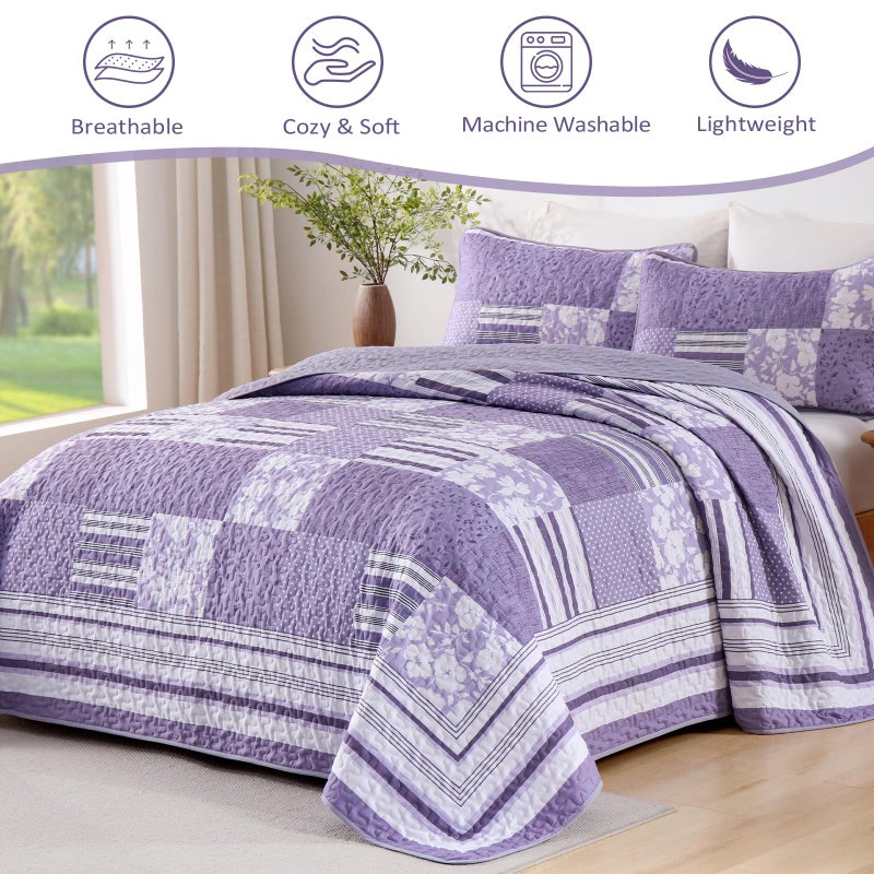 Drucon Quilt Set King Size, Purple Patchwork Pattern Spring Summer Bedspread Bedding Set, 3 Pieces Soft Chic Plaid Coverlet with 2 Pillow Shams for All Season 104x90 Inch - Image 2