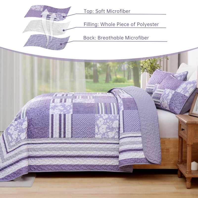 Drucon Quilt Set King Size, Purple Patchwork Pattern Spring Summer Bedspread Bedding Set, 3 Pieces Soft Chic Plaid Coverlet with 2 Pillow Shams for All Season 104x90 Inch - Image 4