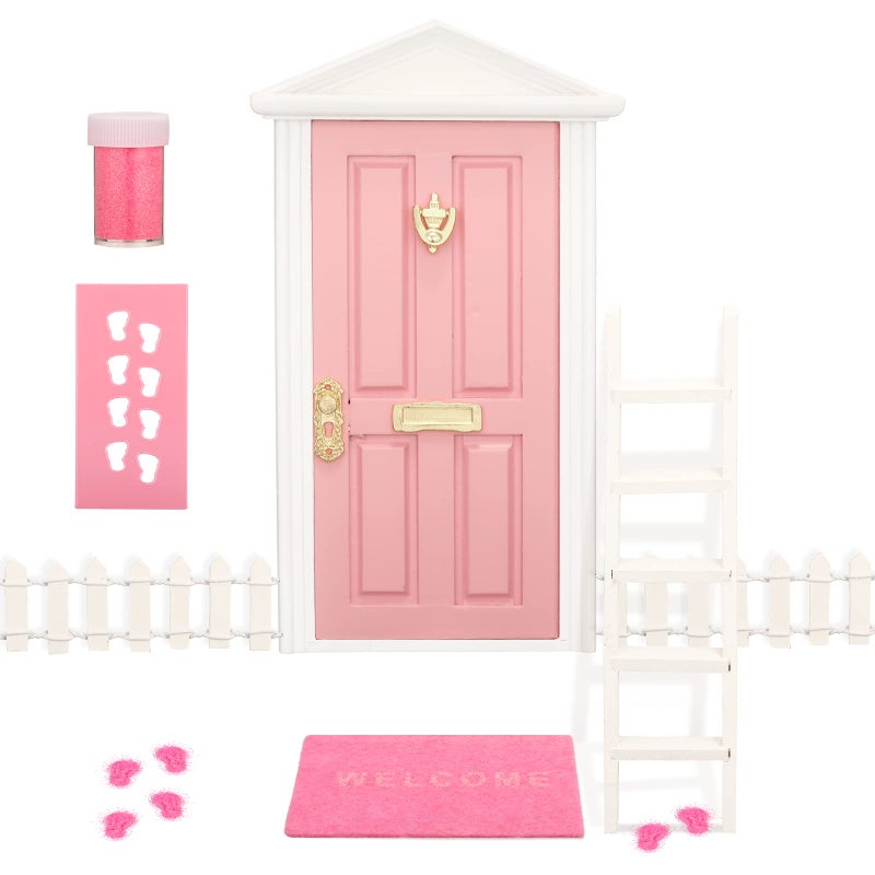 Zhanmai Tooth Fairy Door Kit Mini Wooden Tooth Fairy Door with Accessories Fairy Tale Education Learning Toy for Girls Dollhouse Mini Garden Decoration DIY Craft Activities (Pink) - Image 1