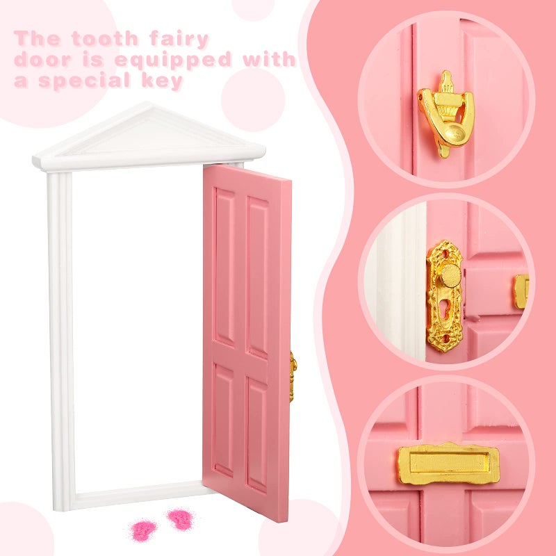 Zhanmai Tooth Fairy Door Kit Mini Wooden Tooth Fairy Door with Accessories Fairy Tale Education Learning Toy for Girls Dollhouse Mini Garden Decoration DIY Craft Activities (Pink) - Image 3