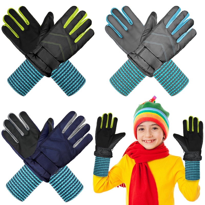 Newcotte 3 Pairs Winter Snow Gloves Kids Waterproof Long Cuff Ski Gloves Warm Mittens for Boys Girls Toddler Outdoor(Warm Style,Aged 4-6) - Image 1
