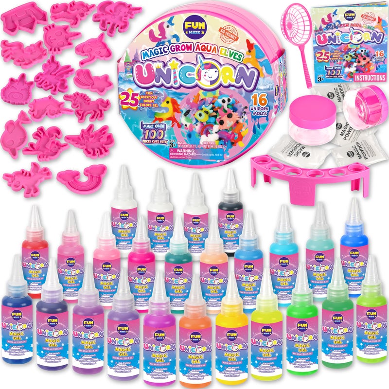 FUN KIDZ Unicorn Magic Grow Aqua Elves Kit, FunKidz Magical Water Elf Toys for Kids with 25 Colors Gel 16 Unicorn Molds to Make Over 100 Water Pets Crafts for Girls Boys Ages 3+ - Image 1