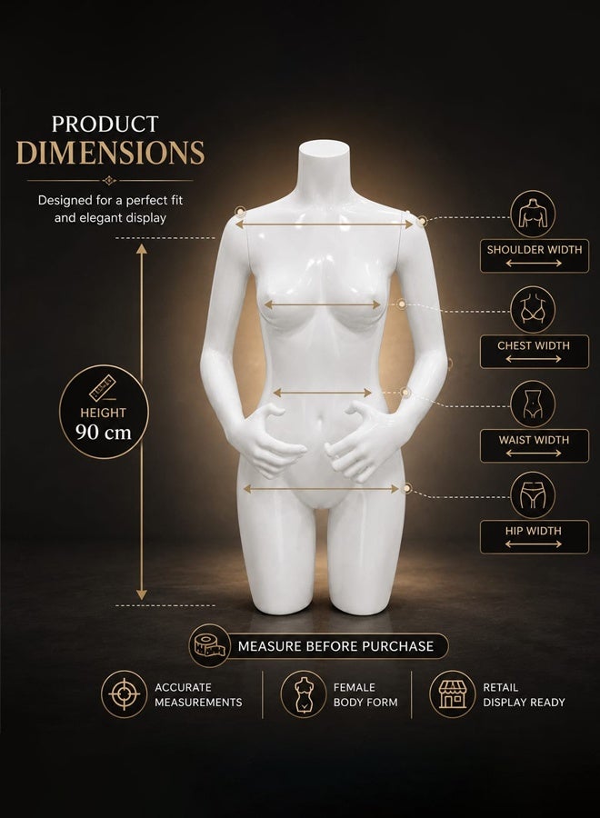 Premium Glossy White Female Mannequin Torso – Headless Half-Body Display with Arms and Hands - Image 4