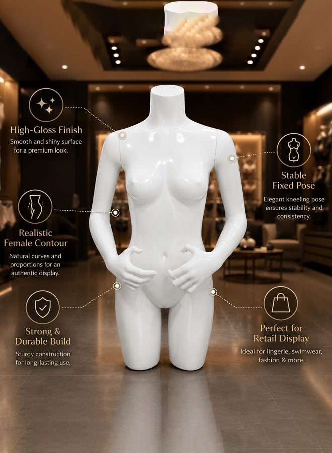 Premium Glossy White Female Mannequin Torso – Headless Half-Body Display with Arms and Hands - Image 3
