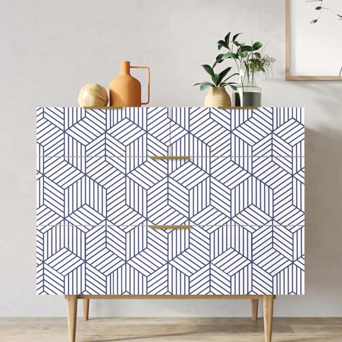 WENMER 17.71"x118" Geometric Hexagon Wallpaper Peel and Stick Blue White Contact Paper Geometric Contact Paper Removable Self Adhesive Wallpaper Vinyl Film for Shelf Drawer Home Use - Image 2