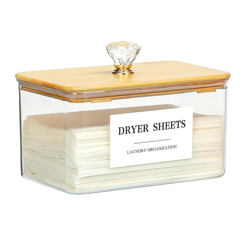Dounozzi Dryer Sheet Holder with Lid, Clear Dryer Sheet Container, Dryer Sheet Dispenser with 4 Labels, Laundry Sheet Holder for Laundry Room and Organization - Image 1