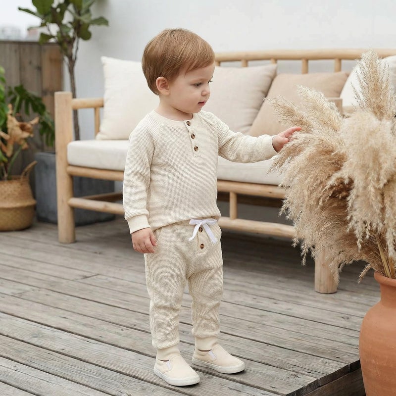 CIYCUIT Toddler Baby Boy Clothes Long Sleeve Waffle Sweatshirt Pants Set 0 6 12 18 24 Months 2T 3T Fall Winter Outfits Beige 0-6 Months - Image 4