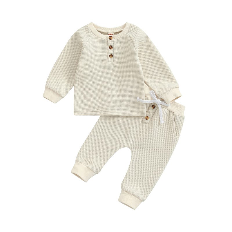 CIYCUIT Toddler Baby Boy Clothes Long Sleeve Waffle Sweatshirt Pants Set 0 6 12 18 24 Months 2T 3T Fall Winter Outfits Beige 0-6 Months - Image 1