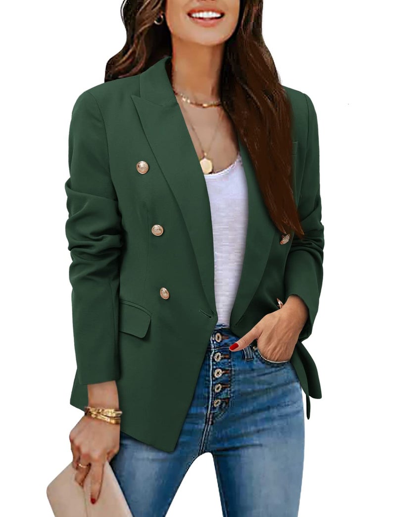 CRAZY GRID Women's Double Breasted Business Casual Blazer - Open Front, Long Sleeve, Dressy, Gold Button, Green, Large - Image 2