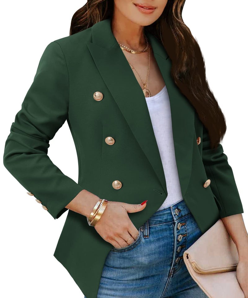 CRAZY GRID Women's Double Breasted Business Casual Blazer - Open Front, Long Sleeve, Dressy, Gold Button, Green, Large - Image 1
