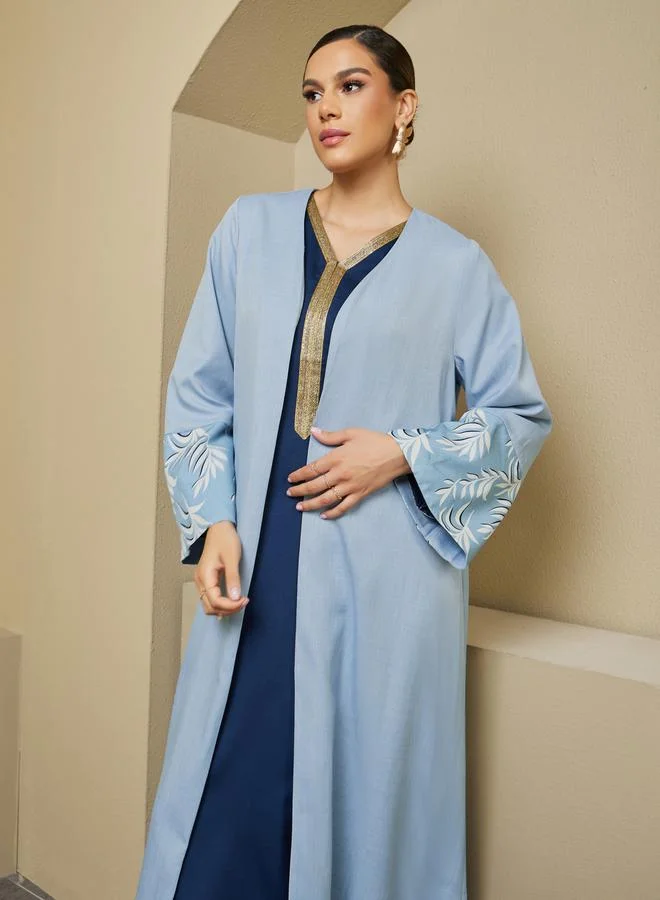 Styli Front Open Abaya with Printed Sleeve Cuff Panel Detail