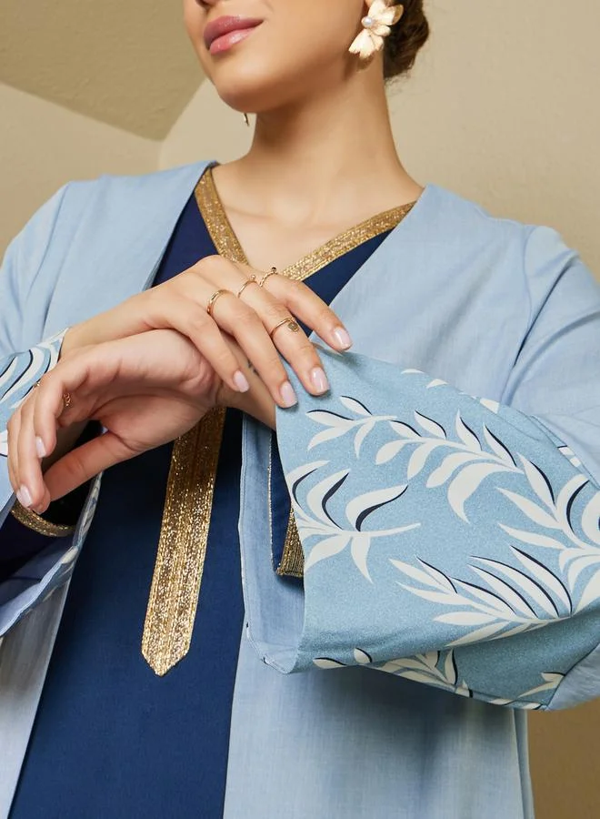 Styli Front Open Abaya with Printed Sleeve Cuff Panel Detail