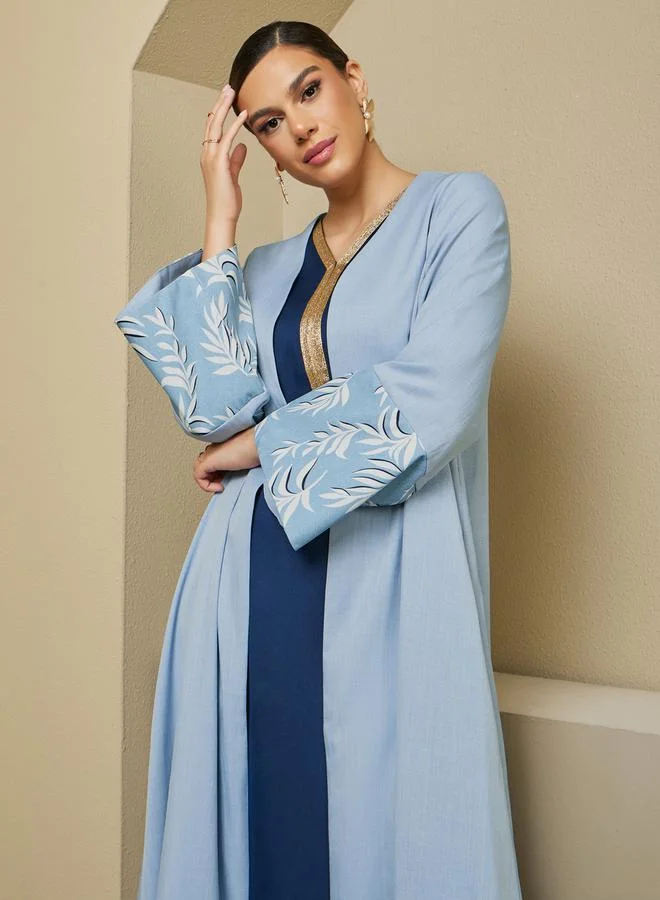 Styli Front Open Abaya with Printed Sleeve Cuff Panel Detail