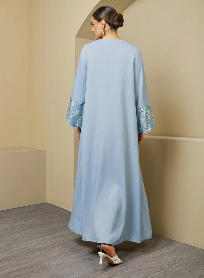 Styli Front Open Abaya with Printed Sleeve Cuff Panel Detail