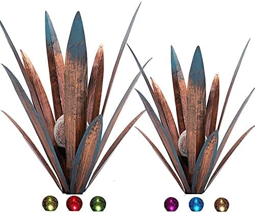 LCJECV Metal Agave Plant Garden Art 2 Pack Big Tequila Rustic Sculpture Rustic Metal Agave Plants Lawn Home Ornaments for Yard Stakes Garden Figurines Outdoor Patio 2 PCS Colorful with Light - Image 1