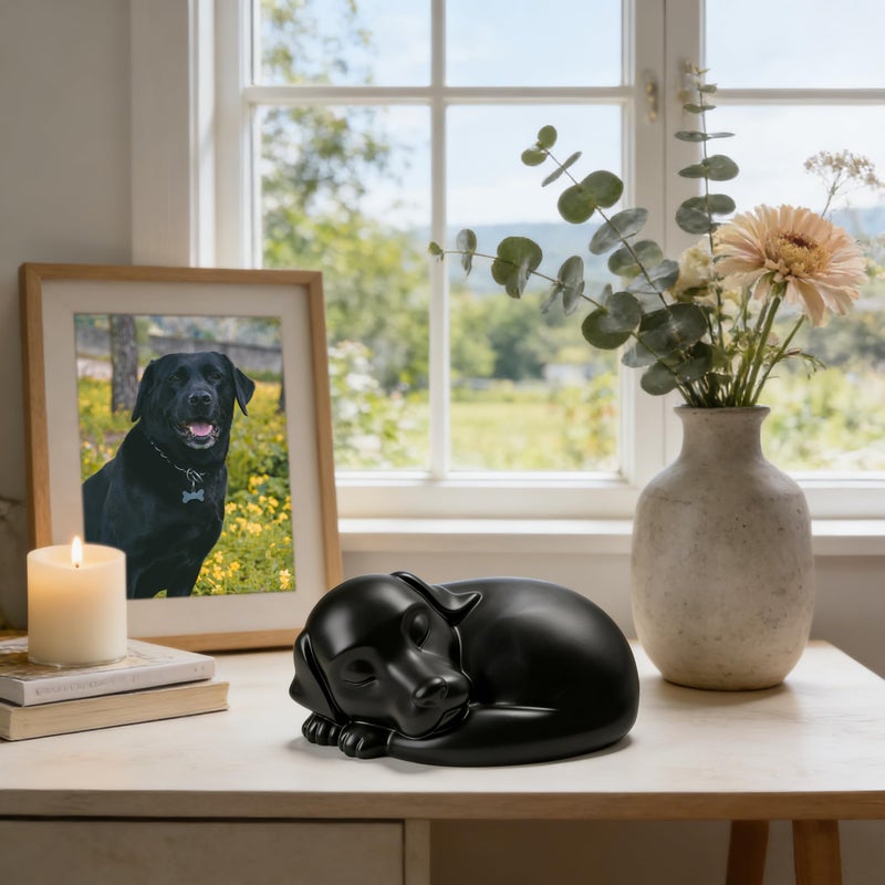 FUFYUKEY Dog Urn, Dog Urns for Ashes, for Pets Up to 75 Lbs, Sleeping Doggie Pet Memorial Keepsake Funeral Urn for Dogs Ashes, Black Resin Cremation Dogs Urns - Image 2