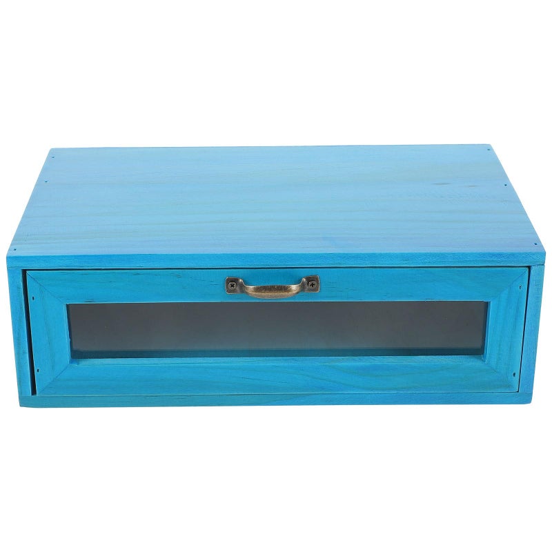 Wooden Monitor Riser Stand With Pull Out Drawer Mediterranean Blue Vintage Home Office Desk Organizer - Image 2