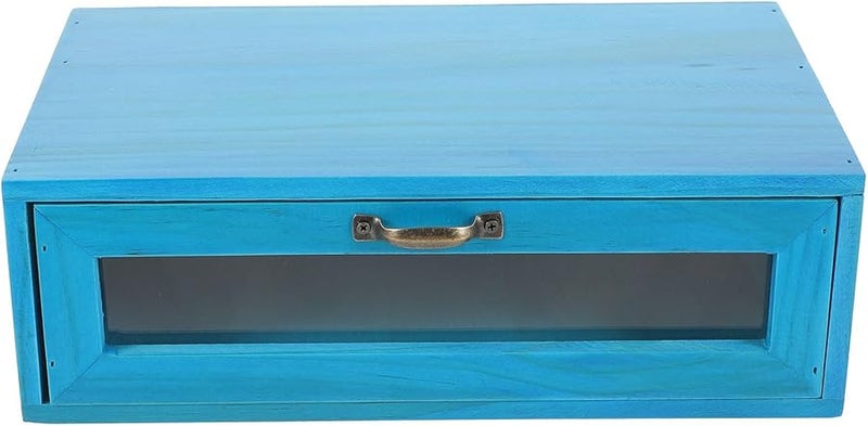 Wooden Monitor Riser Stand With Pull Out Drawer Mediterranean Blue Vintage Home Office Desk Organizer - Image 1