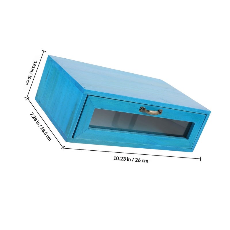 Wooden Monitor Riser Stand With Pull Out Drawer Mediterranean Blue Vintage Home Office Desk Organizer - Image 3