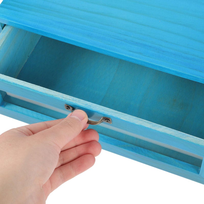 Wooden Monitor Riser Stand With Pull Out Drawer Mediterranean Blue Vintage Home Office Desk Organizer - Image 4