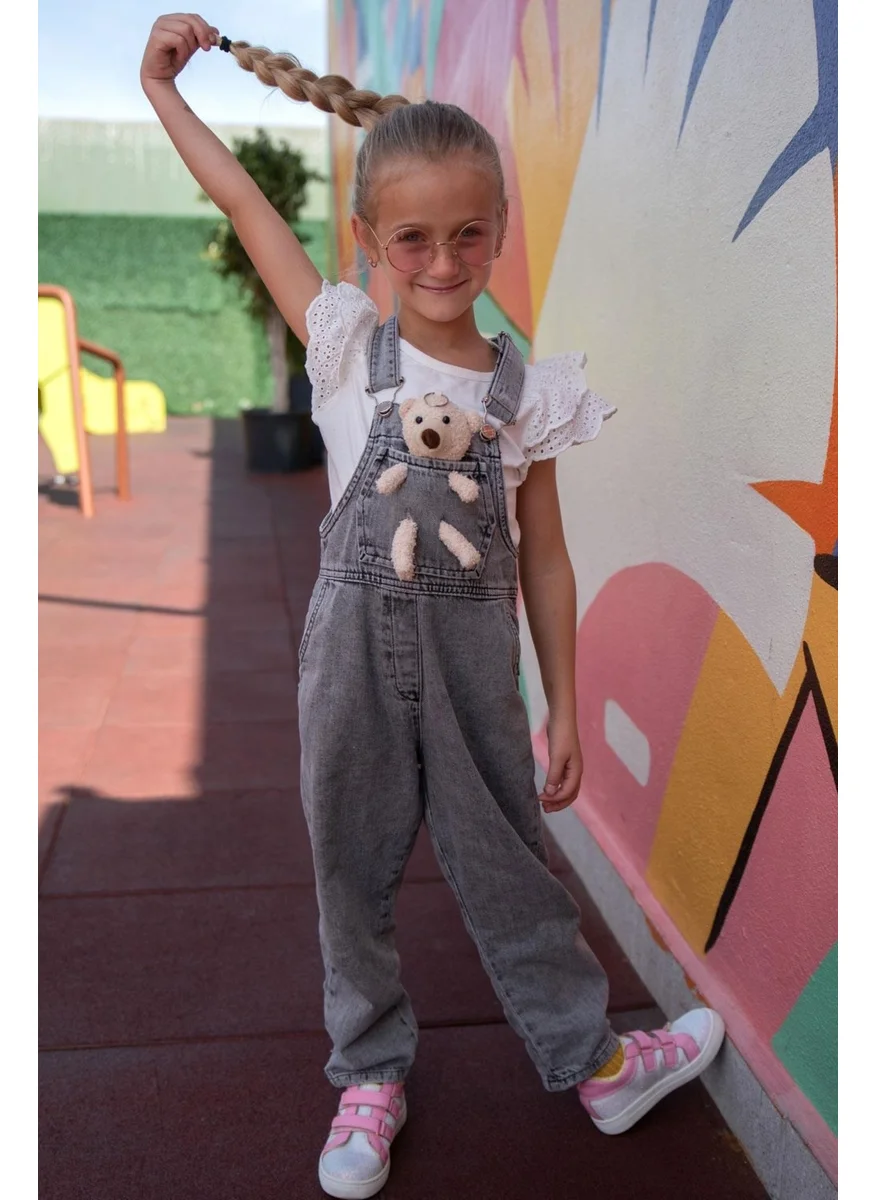 Breeze Girl's Jean Salopet with Teddy Bear Accessory, Age 4-8, Anthracite