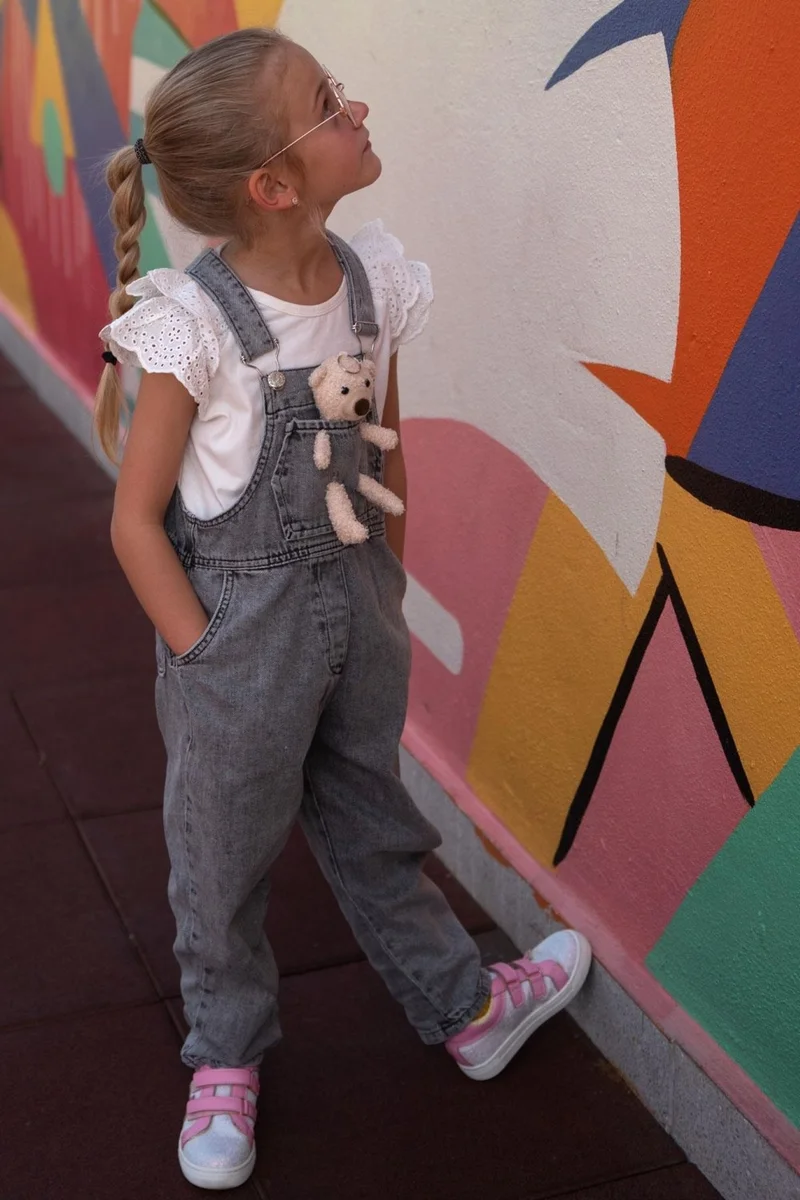 Breeze Girl's Jean Salopet with Teddy Bear Accessory, Age 4-8, Anthracite