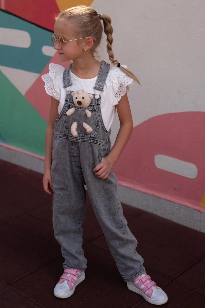 Breeze Girl's Jean Salopet with Teddy Bear Accessory, Age 4-8, Anthracite