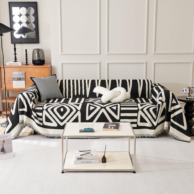 VCLIFE BOHO COUCH COVER MODERN WHITE BLACK TRIANGLE PLAID SECTIONAL SOFA COVER FOR DOG SOFT CHENILLE COUCH COVER FOR 3 CUSHION COUCH SOFA PET FRIENDLY L SHAPE SOFA COVER FURNITURE COVER WITH TASSEL