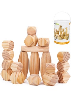 Pidoko Kids Building Blocks For Toddlers 13 ; Natural Wood 30 Pcs Large ; Montessori Toys Wooden Block Toddlers Sensory Preschool Girls Boys Balancing Stones & Stacking Rocks W/Storage Container  - Image 1