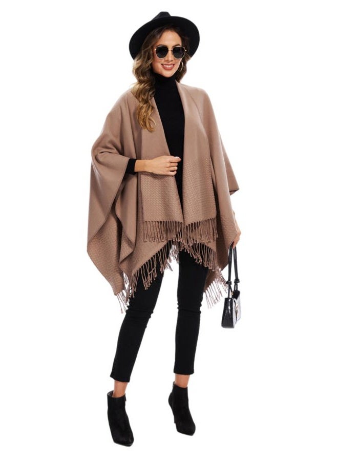 colornival Shawl Wraps for Women, Elegant Knitted Cape Open Front Poncho Scarf Blanket Cardigan Coat for Spring, Autumn, and Winter, Khaki, One Size - Image 5