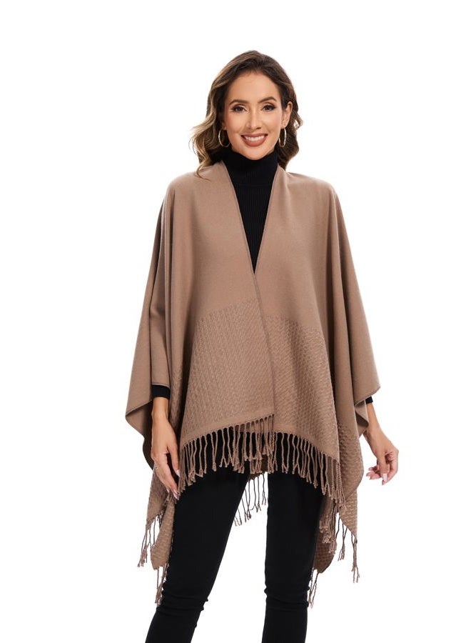 colornival Shawl Wraps for Women, Elegant Knitted Cape Open Front Poncho Scarf Blanket Cardigan Coat for Spring, Autumn, and Winter, Khaki, One Size - Image 2