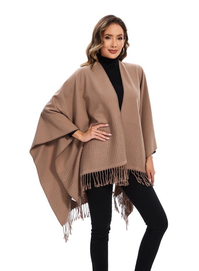 colornival Shawl Wraps for Women, Elegant Knitted Cape Open Front Poncho Scarf Blanket Cardigan Coat for Spring, Autumn, and Winter, Khaki, One Size - Image 3