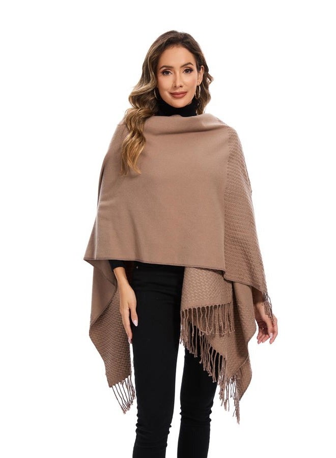 colornival Shawl Wraps for Women, Elegant Knitted Cape Open Front Poncho Scarf Blanket Cardigan Coat for Spring, Autumn, and Winter, Khaki, One Size - Image 4