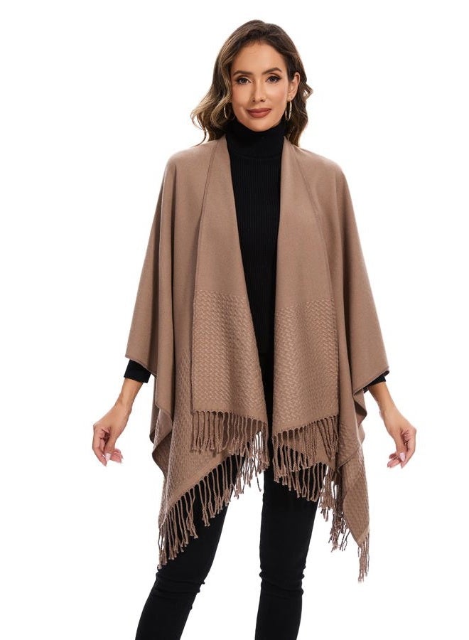 colornival Shawl Wraps for Women, Elegant Knitted Cape Open Front Poncho Scarf Blanket Cardigan Coat for Spring, Autumn, and Winter, Khaki, One Size - Image 1