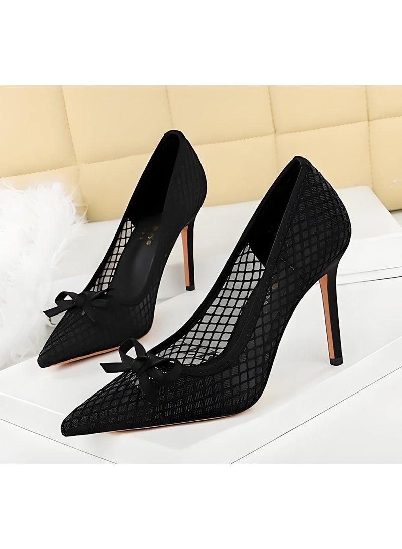بيج تري مضخات شبكة أنيقة للمرأة مغلقة إصبع القدم عالية الكعب الأسود 9.5CM - Image 1