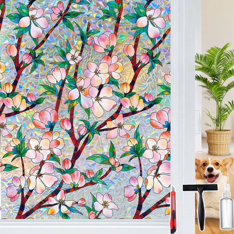 Dwersty Rainbow Window Privacy Film Decorative Window Sticker, 3D Static Stained Glass Cling Tint for Home Heat Control Non-Adhesive, 17.5 x 78.7 inches - Image 1