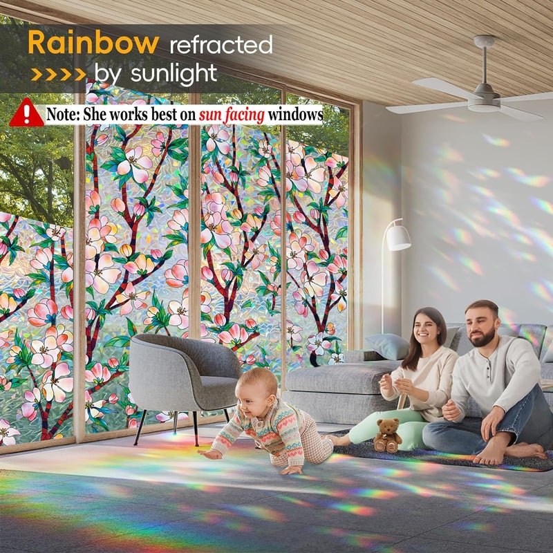 Dwersty Rainbow Window Privacy Film Decorative Window Sticker, 3D Static Stained Glass Cling Tint for Home Heat Control Non-Adhesive, 17.5 x 78.7 inches - Image 4