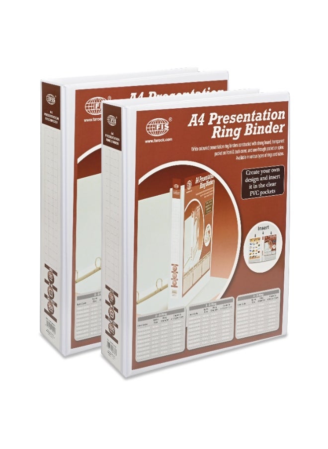 FIS Presentation Binder, A4 Size(210x297mm), 3[D]Ring Type, 35mm Ring Size, 1.75" Inches Spine with Clear PVC Pocket For Easy Insert Your Label Design, Packet of 2 Pieces, White Color-FSBD335DPB/2  - Image 1