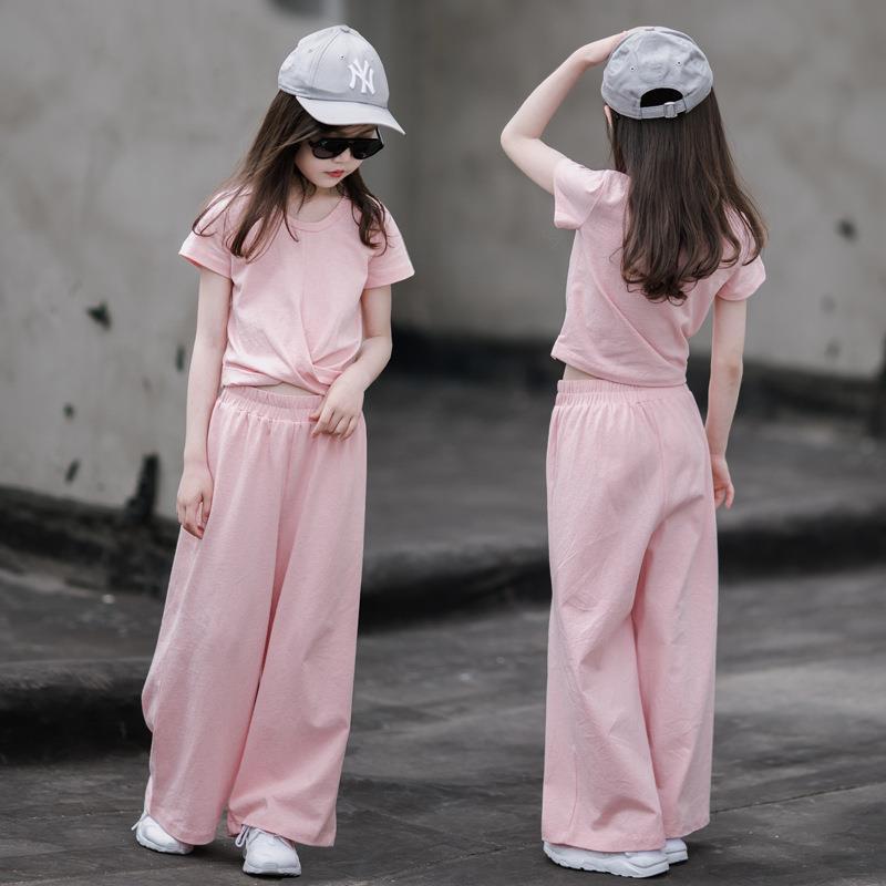 Internet Celebrant Girls 2025 Summer suit Western Style Fashion Simple Style Big Girls Short-sleeved Wide-leg Pants Two-piece Set Trendy Pink