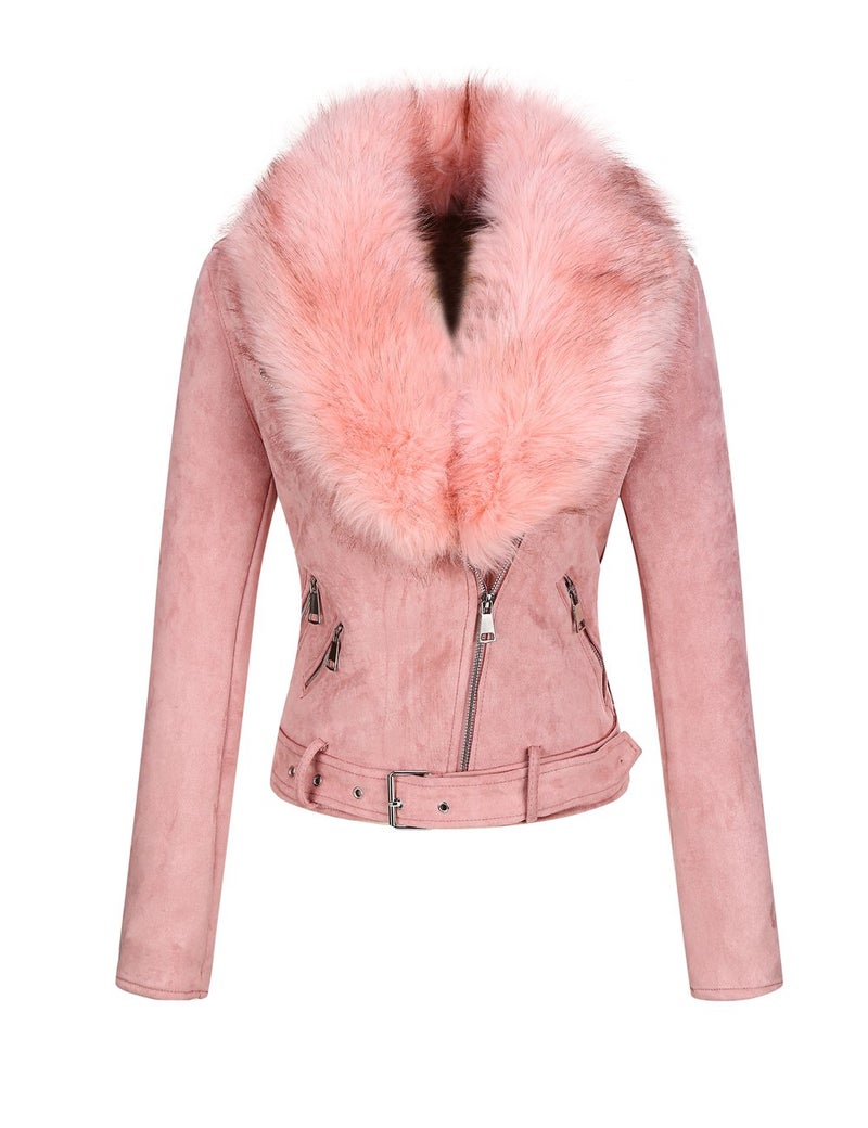 Bellivera Women's Faux Leather Suede Short Jacket Motocycle Sherpa-Lined Coat with Removable Fur Collar 8830 Pink L - Image 1
