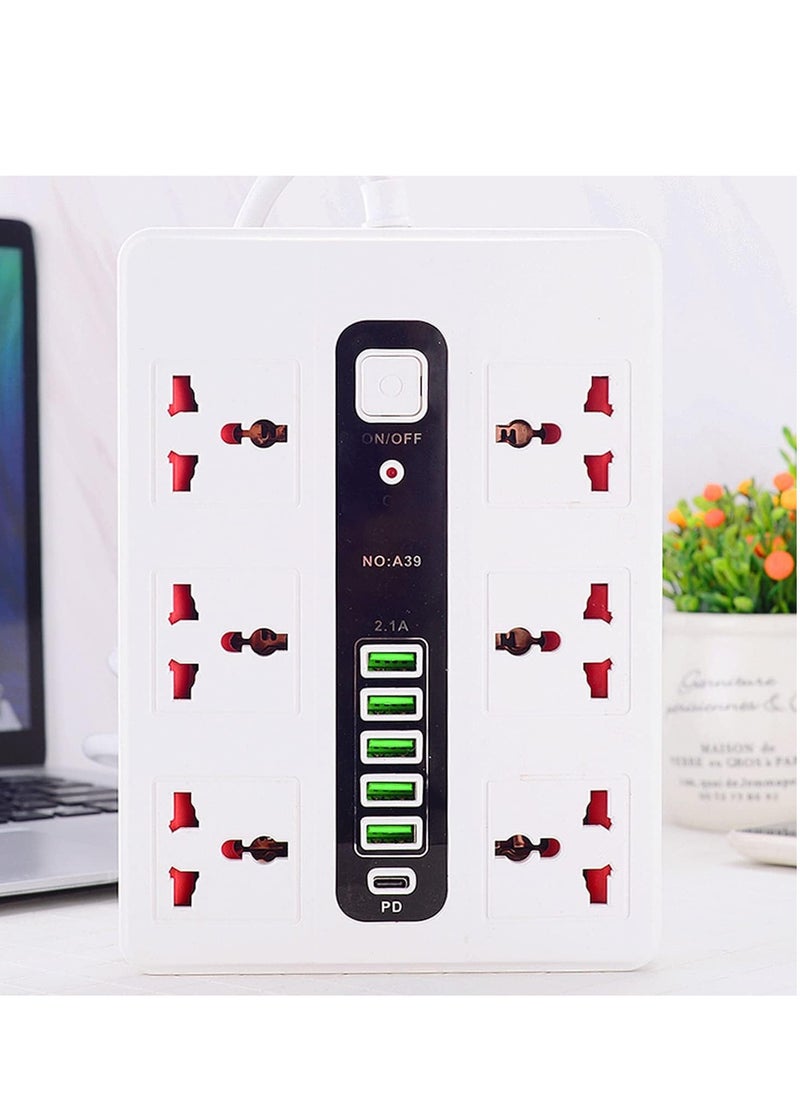 TYCOM - Power Strip Surge Protector with USB- Extension Cord Flat Plug with Widely 6 AC Outlet and 5 USB + 1 Type C, Small Desktop Station with 6 ft Power Cord, Compact Socket (GK-A39-WHT) - Image 1