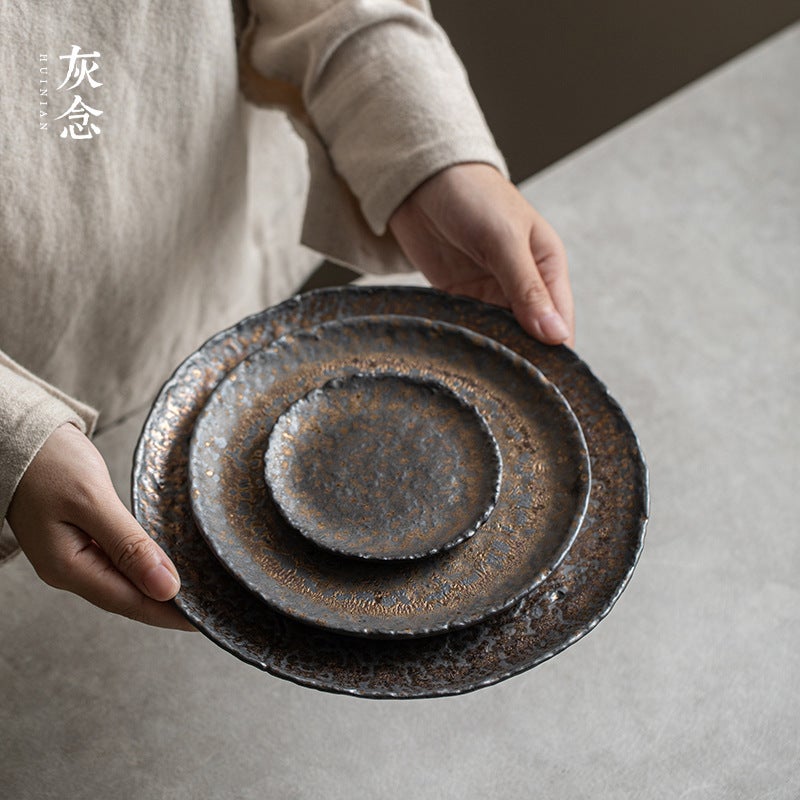 Gray Tea Cup With Gold-Plated Round Stone Tray, Japanese-Style Teapot Holder, Ceramic Tea Drying Tray, Round Tray, Tea Tray, Snack Tray - Image 2