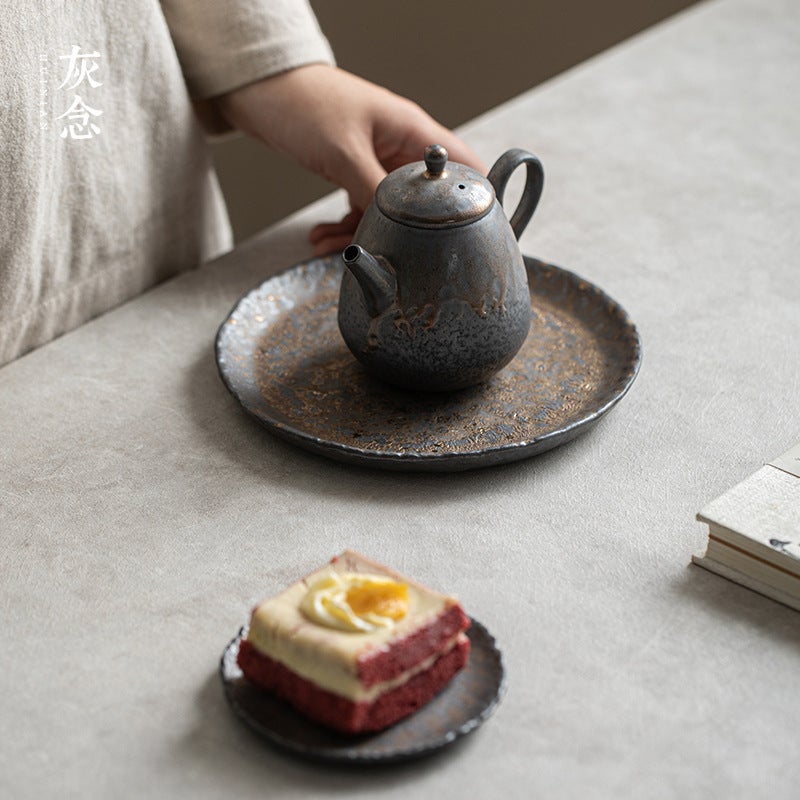 Gray Tea Cup With Gold-Plated Round Stone Tray, Japanese-Style Teapot Holder, Ceramic Tea Drying Tray, Round Tray, Tea Tray, Snack Tray - Image 4