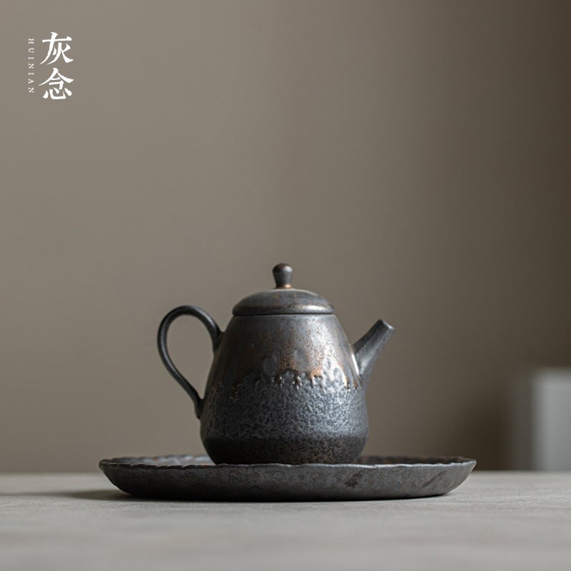 Gray Tea Cup With Gold-Plated Round Stone Tray, Japanese-Style Teapot Holder, Ceramic Tea Drying Tray, Round Tray, Tea Tray, Snack Tray - Image 3