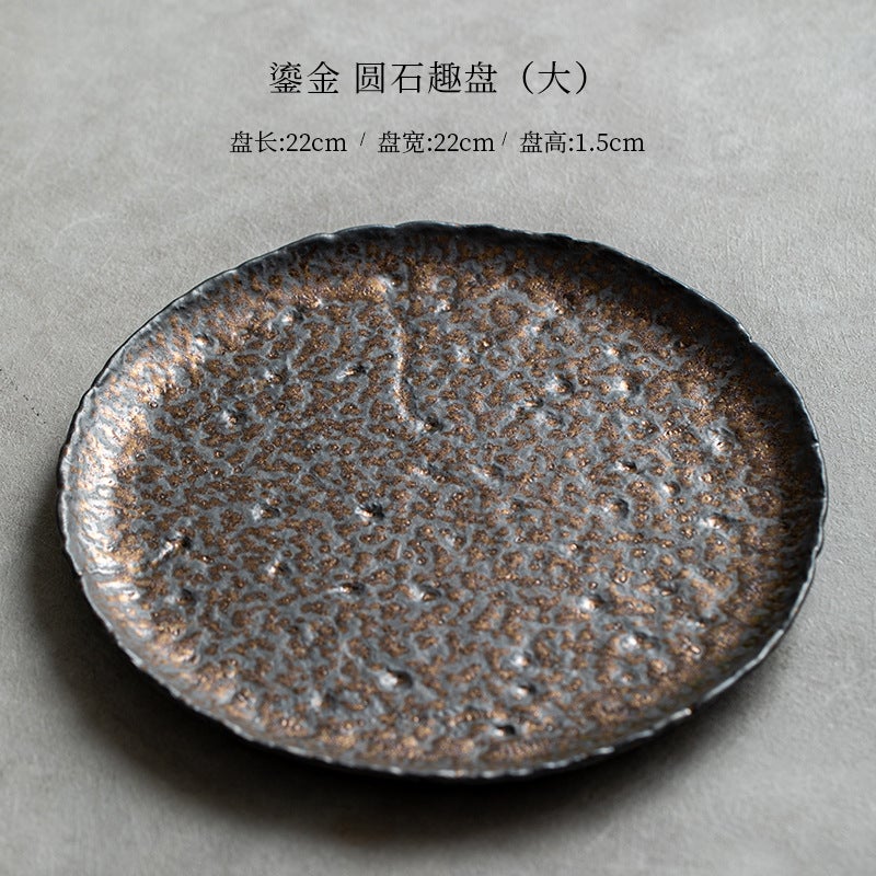 Gray Tea Cup With Gold-Plated Round Stone Tray, Japanese-Style Teapot Holder, Ceramic Tea Drying Tray, Round Tray, Tea Tray, Snack Tray - Image 1