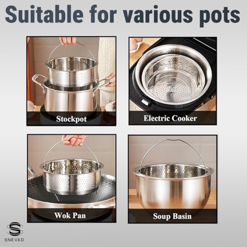 Snevad Stainless Steel Steamer Basket with Handle Rice Cooker Steaming Basket for Rice, Food, Meat, Fish Cooker Warmer Kitchen Cookware Metal Steamer Insert Steaming Rack Accessories Cooker Warmer - Image 5