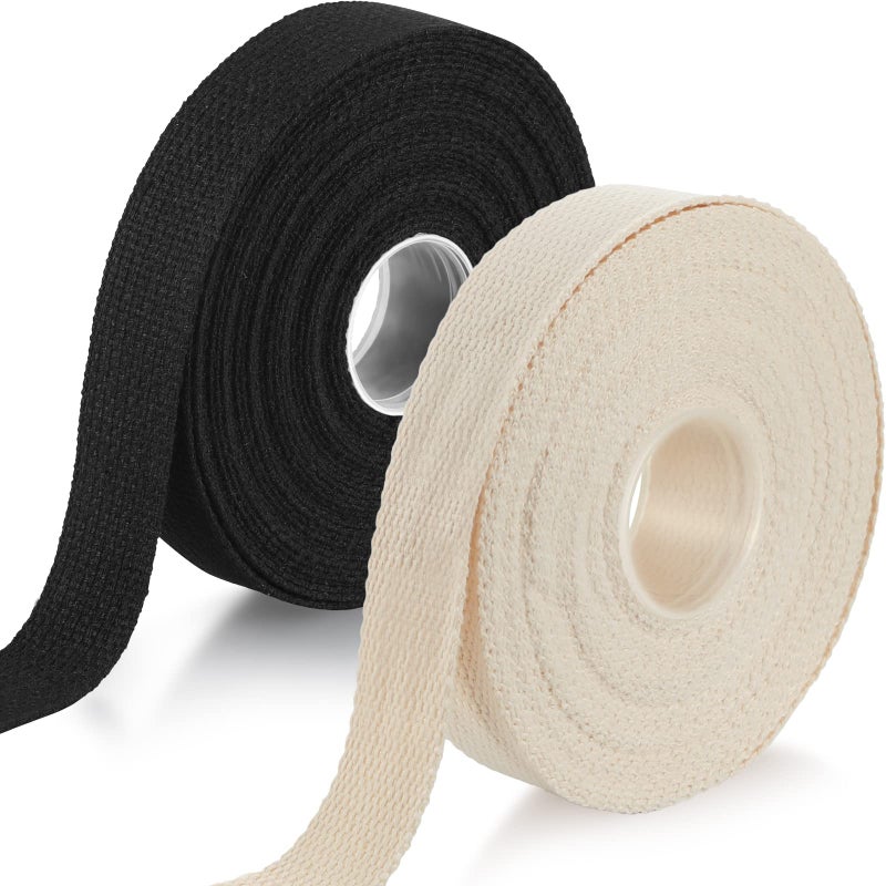WILLBOND 2 Rolls 20 Yards Cotton Webbing 1 Inch for DIY Crafts Decoration Heavy Sewing Webbing Home Wrapping Tote Bags Making Outdoor Supplies Black Natural Color 